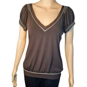 Studio M Shirt Womens Brown White Stitching Vneck Size Medium
